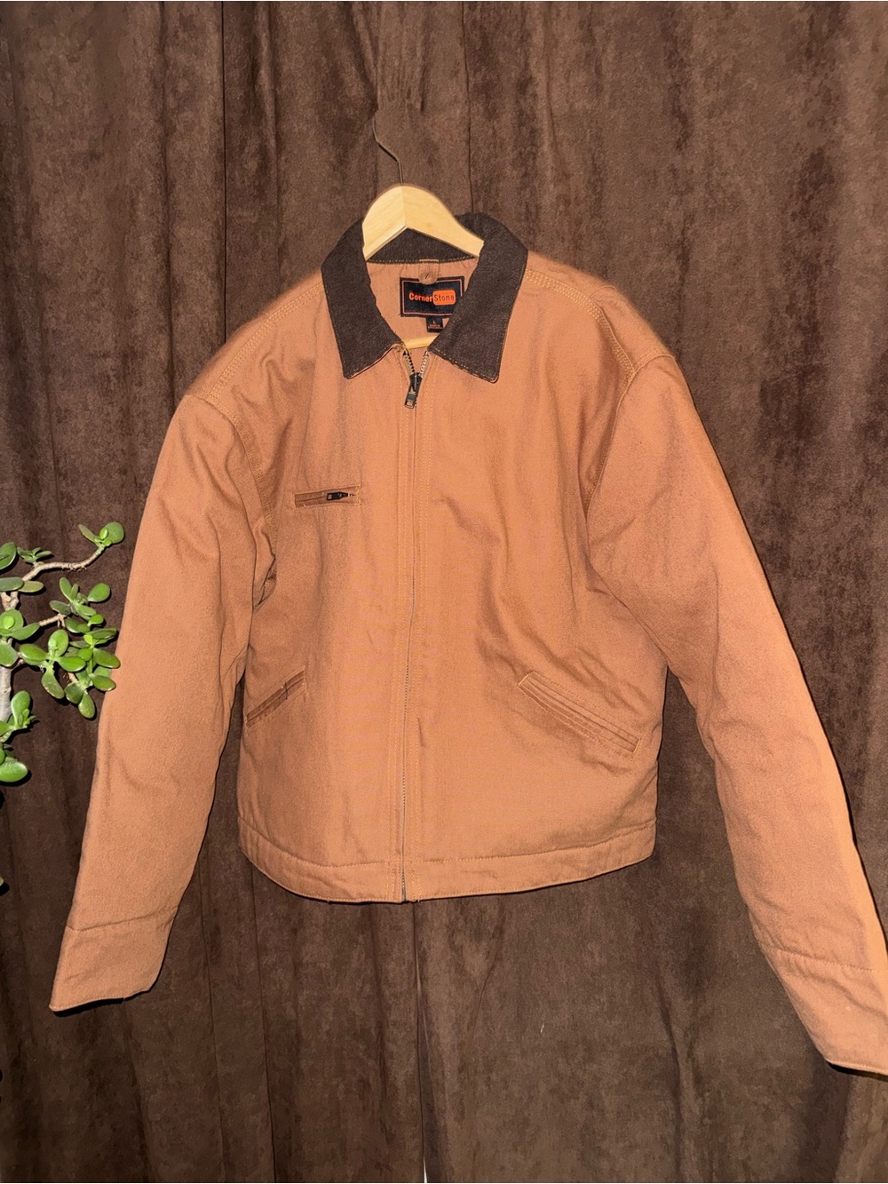 Corner stone Men's Tan Canvas Jacket with Dark Collar - Picture 2 of 6